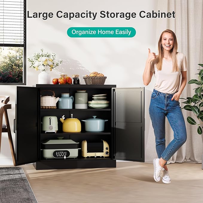 Black Storage Cabinet with Doors and Adjustable Shelves,36" Tall Farmhouse Food Pantry Cabinets,Small Sideboard Cabinet,Short Metal Storage Cabinets for Home Kitchen,Dining/Living/Laundry/Room