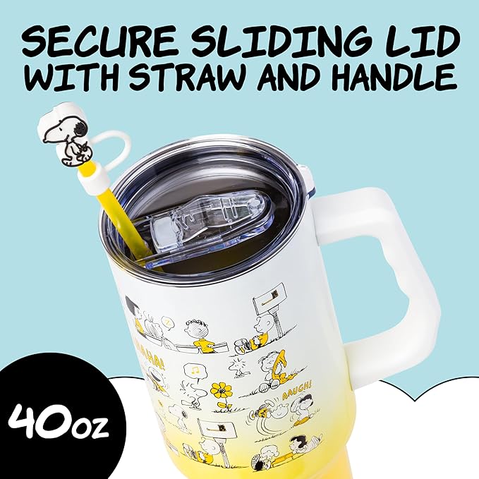 Silver Buffalo Peanuts Iconic Scenes Featuring Charlie Brown, Snoopy, Woodstock, Lucy, Sally, Linus & More Stainless Steel Tumbler w Handle, Straw, & Straw Cap, Fits in Standard Cup Holder, 40 Ounces