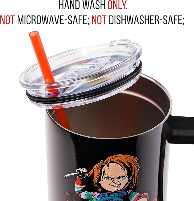 Silver Buffalo Chucky Holding Knife Wanna Play Spooky Scary Stainless Steel Tumbler with Handle and Straw, Fits in Standard Cup Holder, 40 Ounces