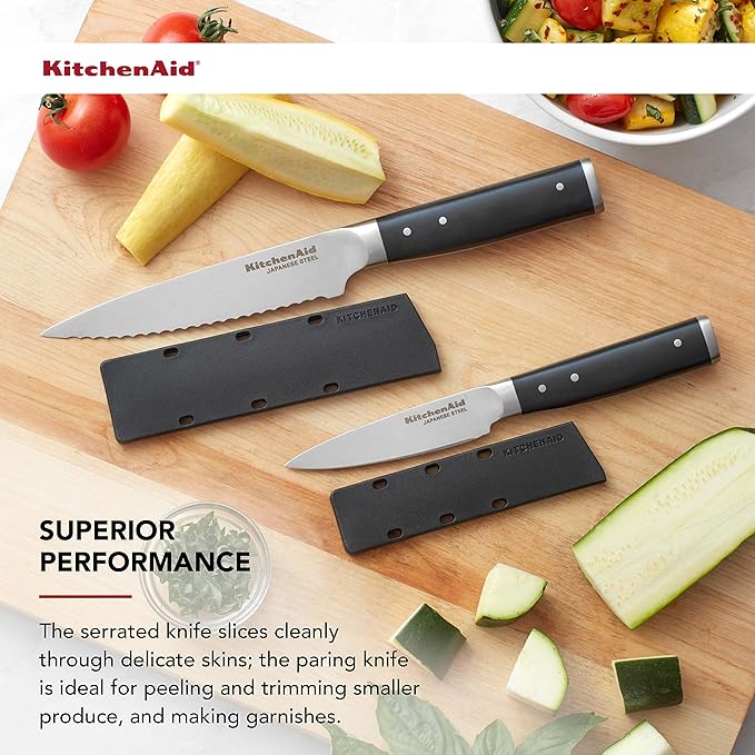 KitchenAid Gourmet 2 Piece Forged Triple Rivet Knife Set, 4.5 inch Fine Edge Utility Knife and 3.5 inch Paring Knife Set, Sharp Kitchen Knives, High Carbon Japanese Stainless Steel, Black