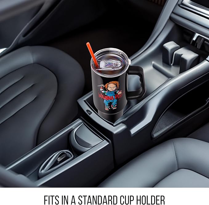 Silver Buffalo Chucky Holding Knife Wanna Play Spooky Scary Stainless Steel Tumbler with Handle and Straw, Fits in Standard Cup Holder, 40 Ounces