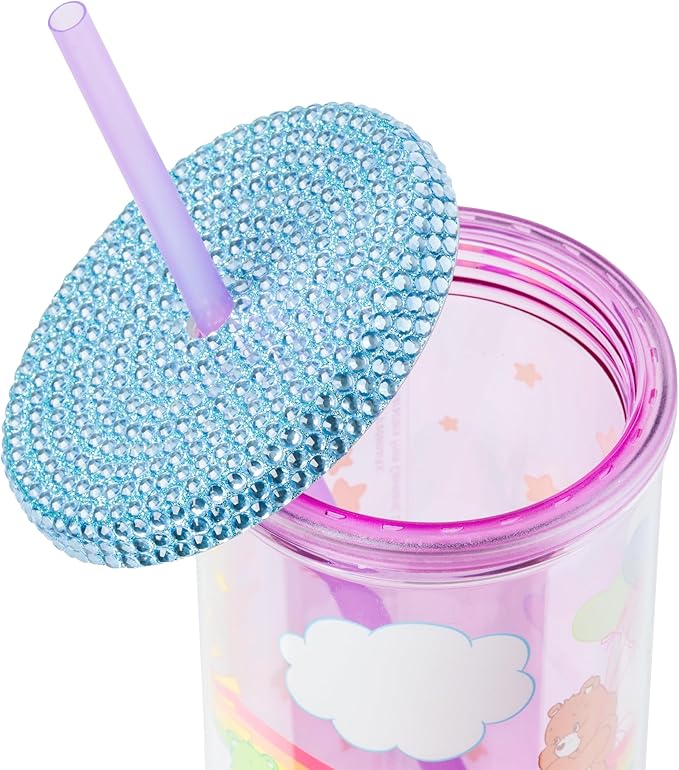 Silver Buffalo Care Bears Plastic Cold Cup with Rhinestone Lid and Straw Featuring Good Luck Bear, Love-a-Lot Bear, Friendship Bear, Tenderheart Bear, and Grumpy Bear, 20 Ounces