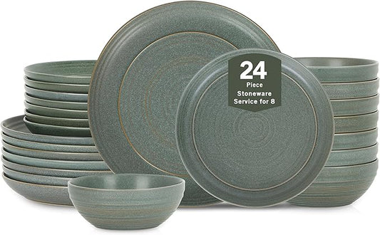 Stone Lain Elio 24-Piece Dinnerware Set Stoneware, Plates and Bowls Set, Dish Set for 8, Green