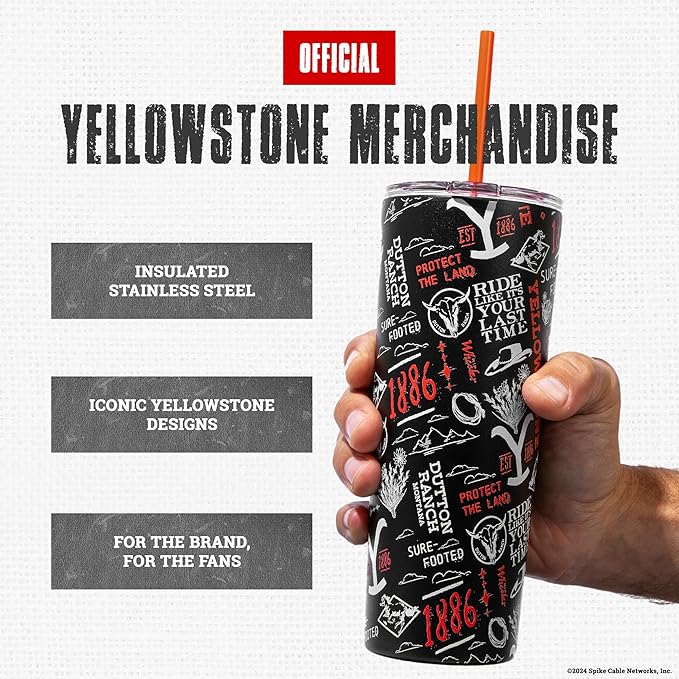 Dragon Glassware x Yellowstone Vacuum Insulated Tumbler with Lid and Straw - 24 oz Tumbler Cup with 2 Straws - Stainless Steel Tumbler with Straw for Water, Iced Tea - 1886