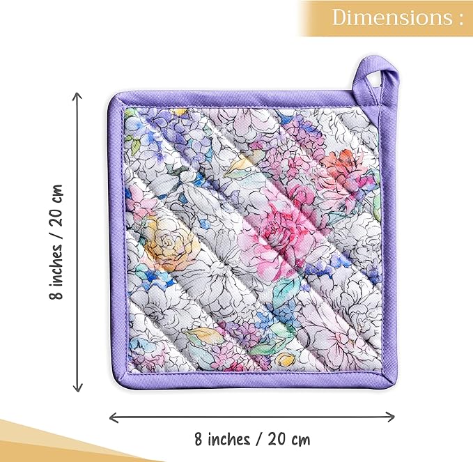 Maison d' Hermine Pot Holders 100% Cotton Heat Resistant Potholders 8" x 8" Hot Pads with Loop BBQ, Cooking, Baking, Grilling, Kitchen, Handling Hot Pans Spring/Summer (Pack of 1, Floral Love)
