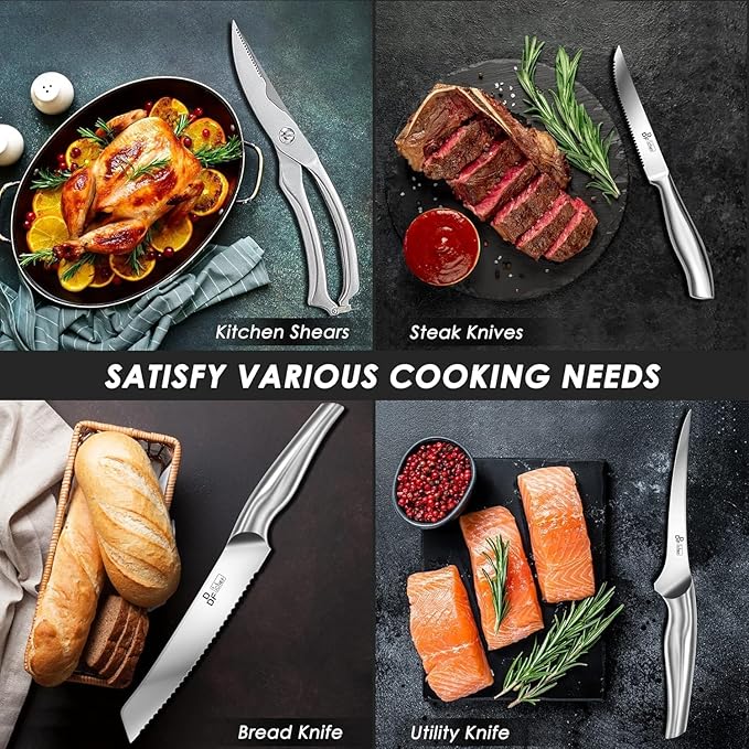 Kitchen Knife Set with Block, DDF iohEF 16 PCS Knife Sets for Kitchen with Block Japanese Stainless Steel, Ultra Sharp Chef Knife Set with Sharpener