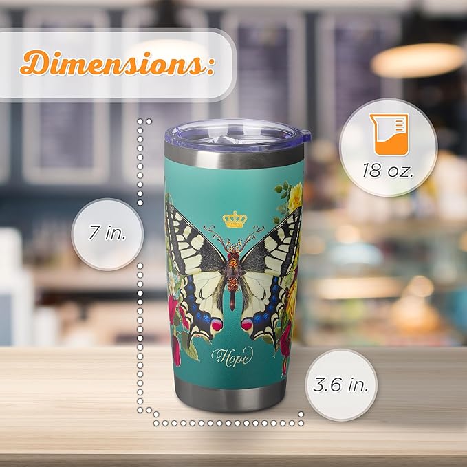 Christian Art Gifts Stainless Steel Double Wall Vacuum Insulated Tumbler 18 oz Butterfly Teal BPA-free Travel Mug with Retractable Lid Inspirational Bible Verse for Women - Hope -Isaiah 40:31