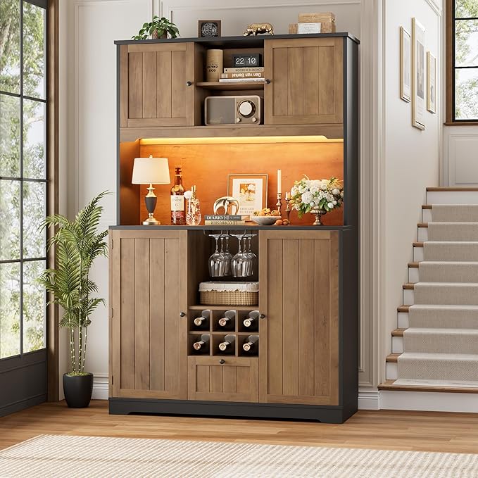 FINETONES 71" Pantry Cabinet with LED Light and Charging Station, Kitchen Pantry Cabinet with Microwave Stand, Kitchen Hutch Food Storage Cabinet with Outlet and Wine Racks, Black/Brown
