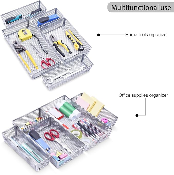 WuGeShop Mesh Silverware Tray Drawer Organizer, Kitchen Utensils Flatware with Anti-slip Mats, Silverware Storage Cutlery Tray for Knives Fork Spoon (5 Separate Compartments, Silver)