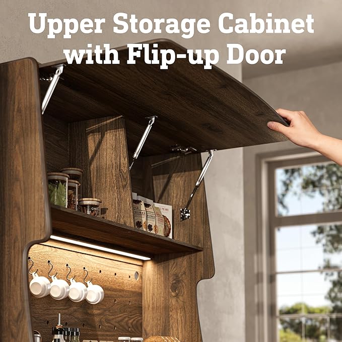 STO'SENSE 72’’ Kitchen Pantry Cabinet w/Power Outlets, Tall Storage Cabinet w/LED Light, FILP-up Door & Pegboard, Freestanding Kitchen Hutch w/Drawers, Solid Wood Handles (Walnut)