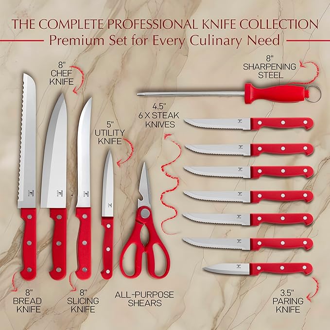 Moss & Stone 14 Pcs Knife Block Set Stainless Steel, Premium Forged Kitchen Knives Set with High-Carbon Blades, Ergonomic Handle, Sharp Blade, Rust Resistant, Modern Style for Home & Chef, Red