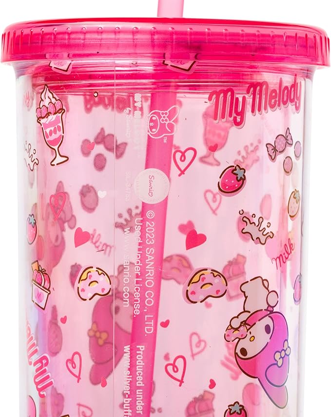 Silver Buffalo Sanrio Hello Kitty and Friends My Melody Strawberry Donut and Milkshake Pattern Plastic Cold Cup with Lid and Straw, 20 Ounces