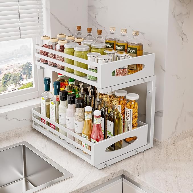 Under Sink Organizer, 2 Tier Under Sink Organizers and Storage, Adjustable Height, Slide Out Metal Cabinet Organizers, Pull Out Cabinet Storage Drawer Shelf for Kitchen Bathroom White, 1 Pack