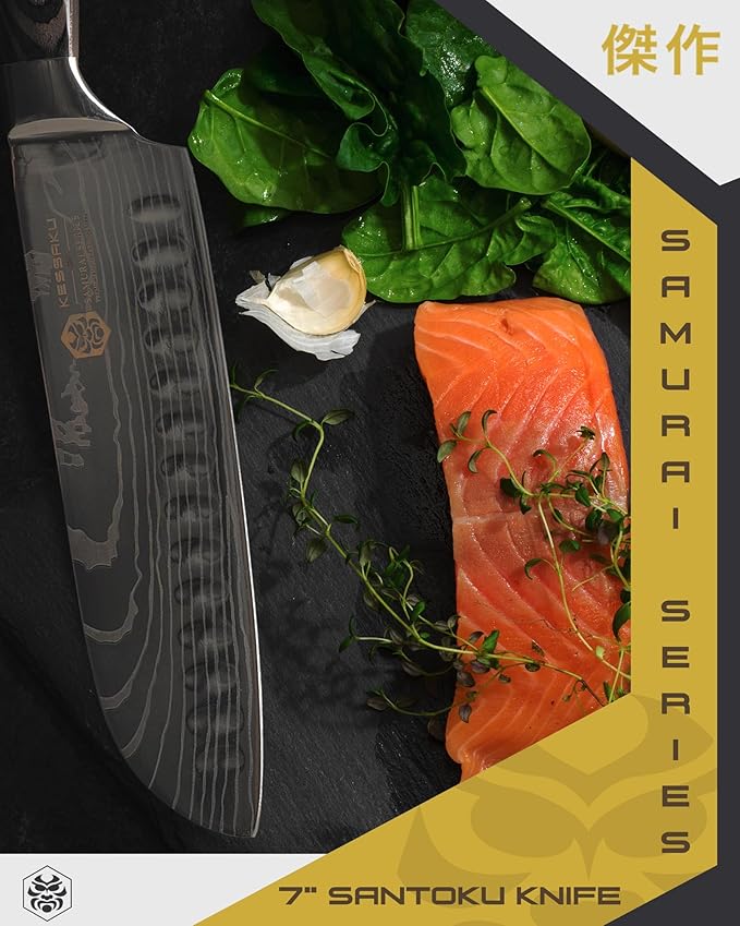 KESSAKU Santoku Knife - 7 inch - Samurai Series - Razor Sharp Kitchen Knife - Forged 7Cr17MoV High Carbon Stainless Steel - Wood Handle with Blade Guard