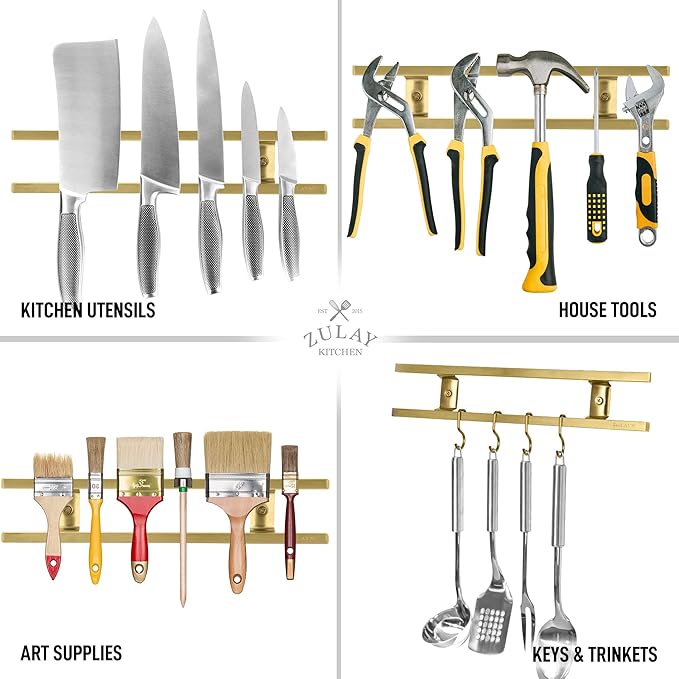 Zulay (12 Inch) Stainless Steel Magnetic Knife Holder For Wall - Powerful Knife Magnetic Strip With Extra Hanging Hooks - Wall Mount Magnetic Knife Strip & Organizer For Kitchen & Tools (Gold)