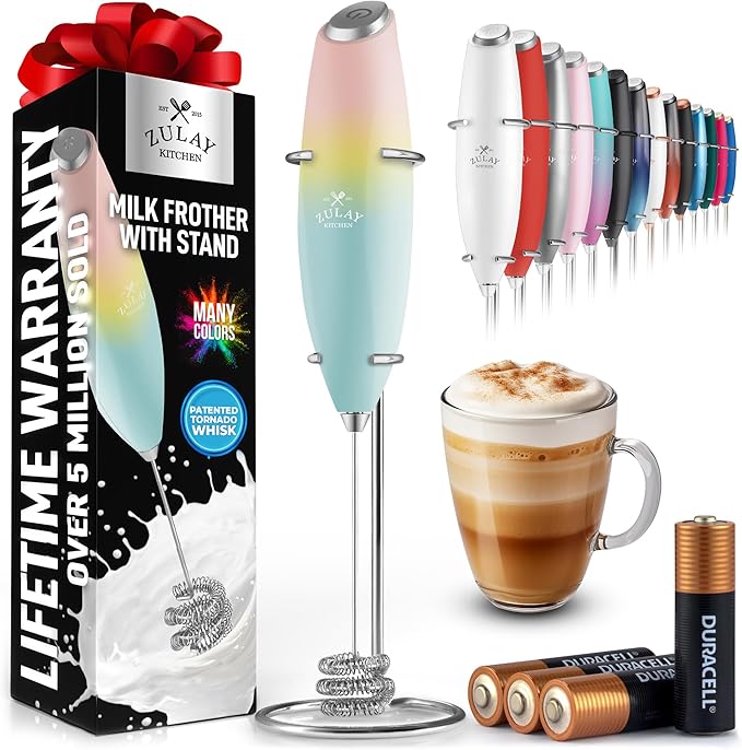 Zulay Kitchen Patented Tornado Triple Whisk Milk Frother with 4 Duracell Batteries – Handheld Foam Maker for Coffee, Lattes, Matcha & Hot Chocolate – Rich, Creamy Froth in Seconds
