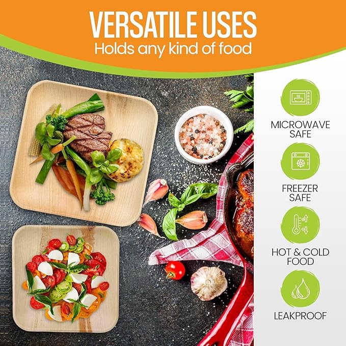 Raj Palm Leaf Plates Bulk [50-Pack] 10" & 7" Square Plates (5 CASES - 250 PACK) like Bamboo plates Disposable, Strong, Decorative Compostable Tableware for weddings, Lunch, Dinners