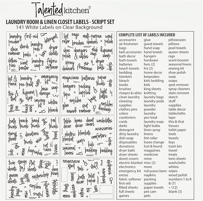 Talented Kitchen Laundry Room Organization Labels - 141 Preprinted White Script Clear Vinyl, Water-Resistant - Sticker Labels for Jars & Food Containers - Pantry, Bathroom & Linen Closet