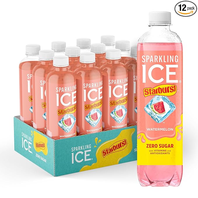Sparkling Ice STARBURST Watermelon, Zero Sugar Flavored Sparkling Water, with Vitamins and Antioxidants, Low Calorie Beverage, 17 fl oz Bottles (Pack of 12)