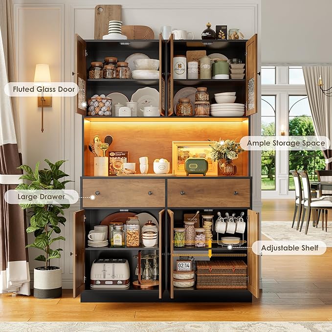 FINETONES 71" Pantry Cabinet with LED Light and Charging Station, Farmhouse Kitchen Pantry Cabinet with Microwave Stand, 47.2" Wide Kitchen Hutch Food Pantry with Open Countertop, Black/Brown