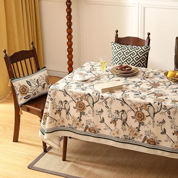 ISAENNE Designer Vintage Linen Long Rectangle Tablecloth,Floral and Bird Pattern Elegant Table Cloth,Fall Wrinkle Resistant Decor Tablecloths for Dining Kitchen Christmas,63"*102"-Murad A