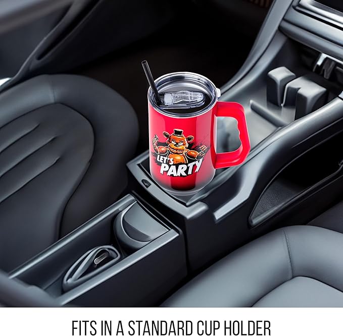 Silver Buffalo Five Nights At Freddy's “Let's Party” Stainless Steel Tumbler with Handle Featuring Freddy Fazbear, Fits in Standard Cup Holder, 40 Ounces