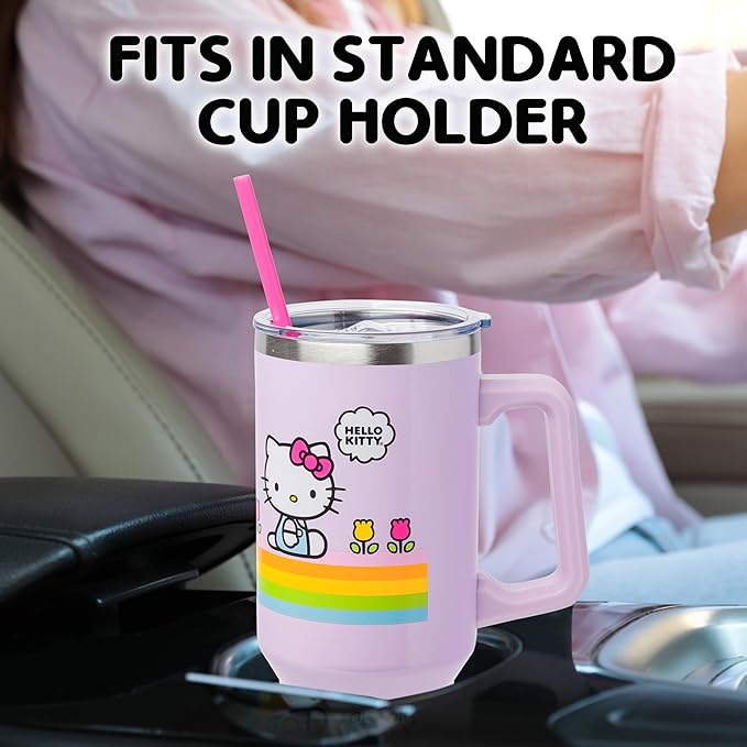 Silver Buffalo Sanrio Hello Kitty Spring and Summer Flowers Rainbow Stripes Stainless Steel Tumbler with Handle and Straw, Fits in Standard Cup Holder, 40 Ounces