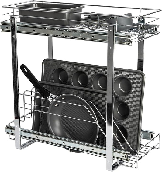 Household Essentials Glidez Multipurpose Chrome-Plated Steel Pull-Out/Slide-Out Dual-Sliding Storage Organizer for Cookware and Bakeware - 2-Tier Design - Fits Standard Size Cabinet or Shelf, Chrome