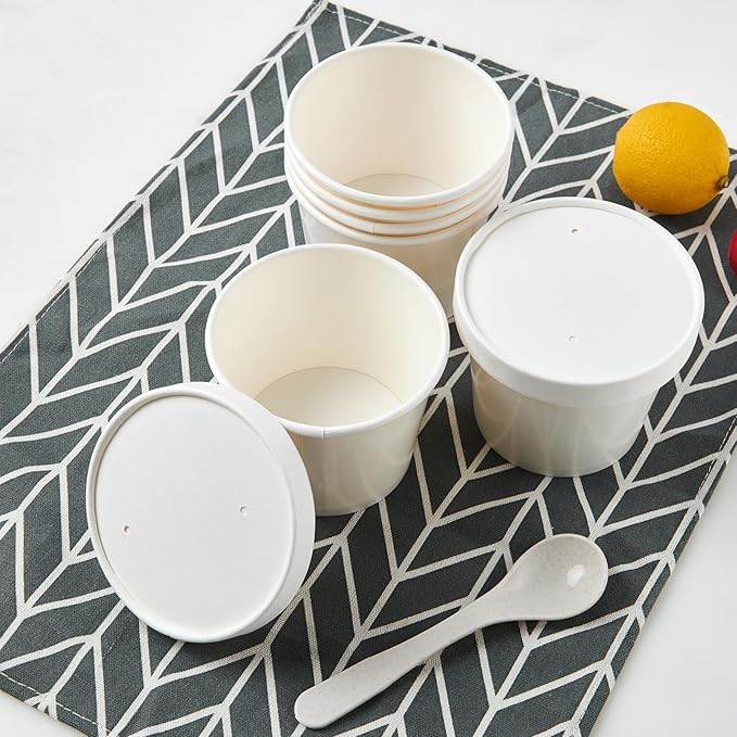 JOLLY PARTY 50pack 12oz Paper Soup Containers with Lids, Disposable Paper Food Cups, Ice Cream Cups, Food Storage with Lids, Microwavable and Freezer Safe, Suitable for Christmas Thanksgiving(White)