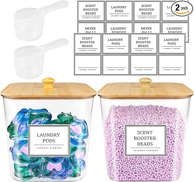 2 Pack Laundry Pods Container,Laundry Room Organization and Storage Containers with Wooden Lids & Labels Large Laundry Detergent Container for Powder,Scent Booster,Pods,Dryer Ball