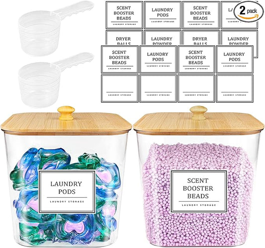 2 Pack Laundry Pods Container,Laundry Room Organization and Storage Containers with Wooden Lids & Labels Large Laundry Detergent Container for Powder,Scent Booster,Pods,Dryer Ball