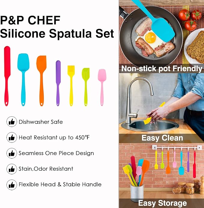 Silicone Spatula Set of 7, P&P CHEF Heat-Resistant Rubber Spatulas Kitchen Utensils Set for Non-stick Cooking Baking Mixing, Seamless & Flexible Design, Dishwasher Safe, Multicolor