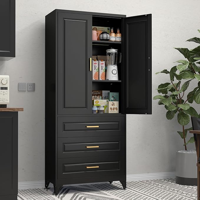 75" Tall Metal Storage Cabinet, Kitchen Pantry Storage Cabinets with Doors and Shelves, Black Pantry Cabinet with 3 Drawer, Utility Kitchen Cupboard, Large Steel Cabinets for Dining Room