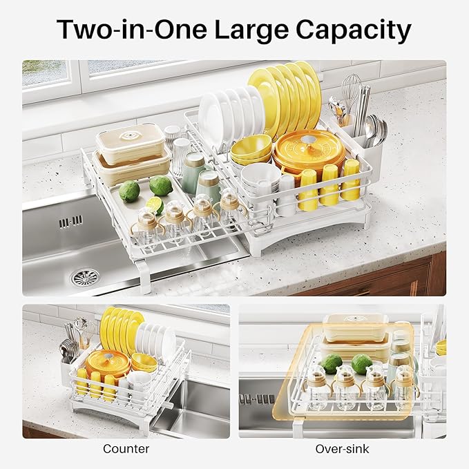 SNTD Dish Drying Rack - Extendable Dish Rack, Large Sink Drying Dish Drainer for Kitchen Counter, Stainless Steel Dish Strainer with Utensil Holder (White)
