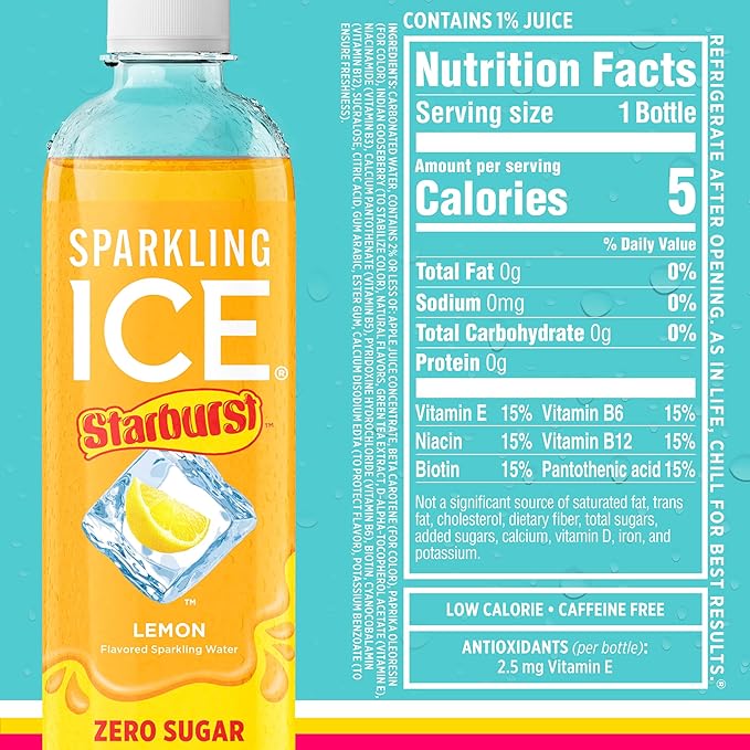 Sparkling Ice STARBURST Variety Pack, Zero Sugar Flavored Sparkling Water, with Vitamins and Antioxidants, Low Calorie Beverage, 17 fl oz, 12 count (Cherry, Strawberry, Lemon, Orange)