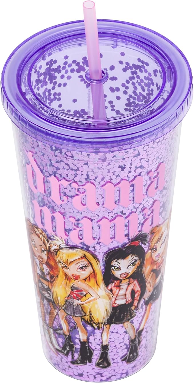 Silver Buffalo Bratz Drama Mama Featuring Cloe, Yasmin, Jade, and Sasha Plastic Confetti Cold Cup with Lid and Straw, 32 Ounces