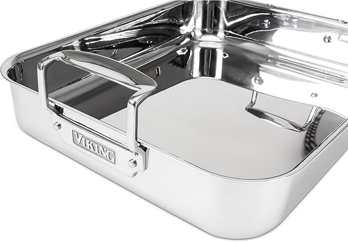 Viking 3-Ply Stainless Steel Roasting Pan with Non Stick Rack, 16 x 13 Inch Kitchen Cookware, Great for Turkey, Dishwasher and Oven Safe, Induction Ready, Silver