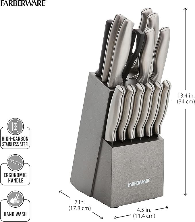 Farberware 15-Piece Stamped Stainless Steel Knife Block Set, High-Carbon Stainless Steel Kitchen Knife Set with Ergonomic Handles, Razor-Sharp Knives with Wood Block, 15-Piece Set, Graphite