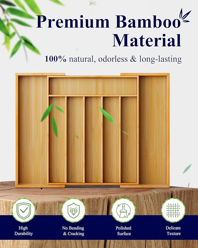 Kitsure Extra Large Bamboo Silverware Organizer - Expandable Drawer Organizer for Utensil, Cutlery and Flatware, Kitchen Storage Solution with 6 to 8 Slots, Natural, 19.7" × 15.4" × 2.0"