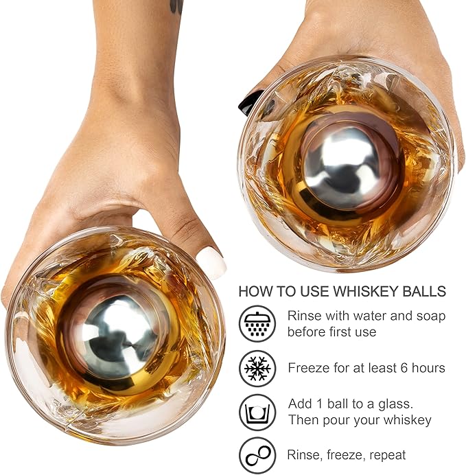 Whiskey Stones Gift Set for Men - 2 King-Sized Chilling Stainless-Steel Whiskey Balls - 2 XL Whiskey Glasses, Slate Stone Coasters, Freezer Pouch & Tongs - Luxury Set in Unique Pine Wood Box