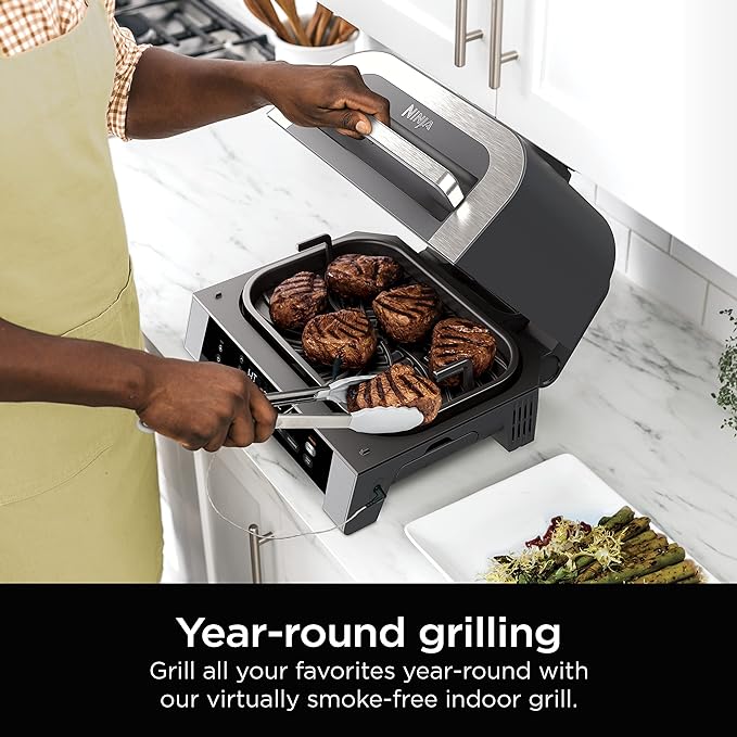 Ninja DG551 Foodi Smart XL 6-in-1 Indoor Grill with Air Fry, Roast, Bake, Broil, & Dehydrate, Foodi Smart Thermometer, 2nd Generation, Black/Silver