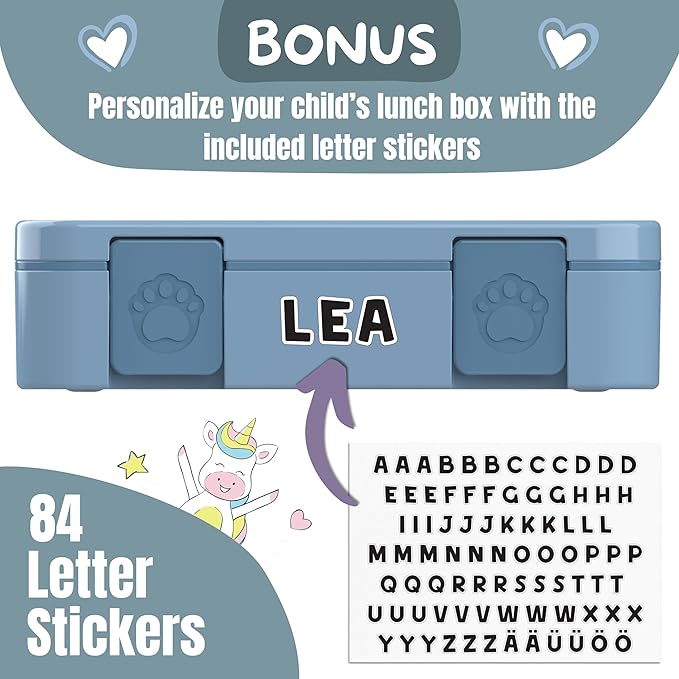 BEARFOOT Kids Lunch Box with Compartments – Compact & Lightweight | Leak-Proof, BPA-Free, Dishwasher & Microwave Safe | Hand-Drawn Design for Preschool, School, Travel (Blue, 4 Cups)