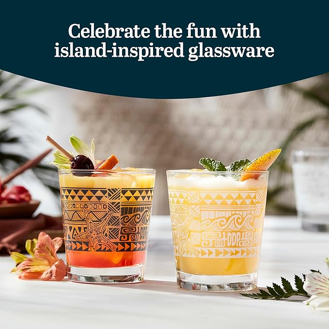 Libbey Tiki Rocks Glasses Set, Vintage-style Glassware Drinking Glasses Set of 4, Exotic, Dishwasher Safe Glasses for Backyard Luau or Pool Party
