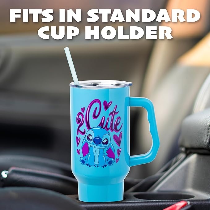Silver Buffalo Disney Lilo and Stitch “2 Cute” Stainless Steel Tumbler with Handle, Fits in Standard Cup Holder, 40 Ounces