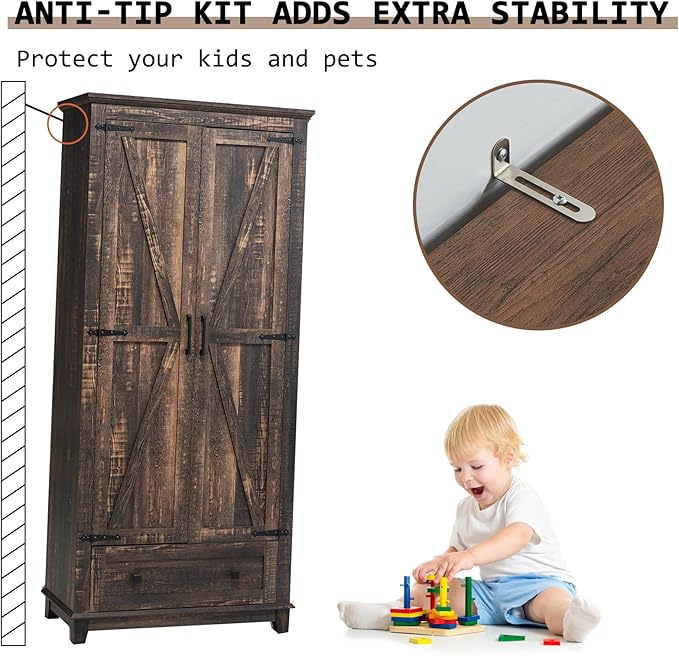 Farmhouse Kitchen Pantry Cabinet, 72" Tall Storage Cabinet with Adjustable Shelves & Barn Doors, Freestanding Kitchen Cupboard for Dining Room, Living Room, Dark Rustic Oak