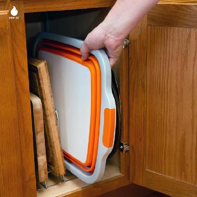 Drip EZ Collapsible BBQ Prep Tubs 3-Piece Set - For Meal Prep Marinating Food Storage - Includes Cutting Board & Lid - (1) JR + (1) OG + (1) XL - Sandstone