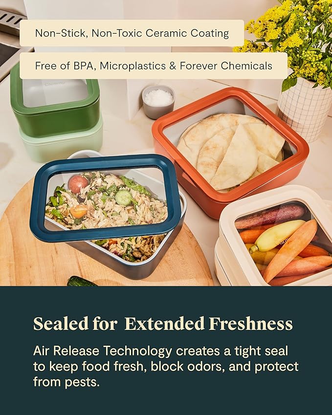 Caraway 22pc Glass Food Storage Set - Storage Containers for Food - Non-Toxic Ceramic-Coated Glass - Air Release Technology - Compact & Stackable Design - Perracotta