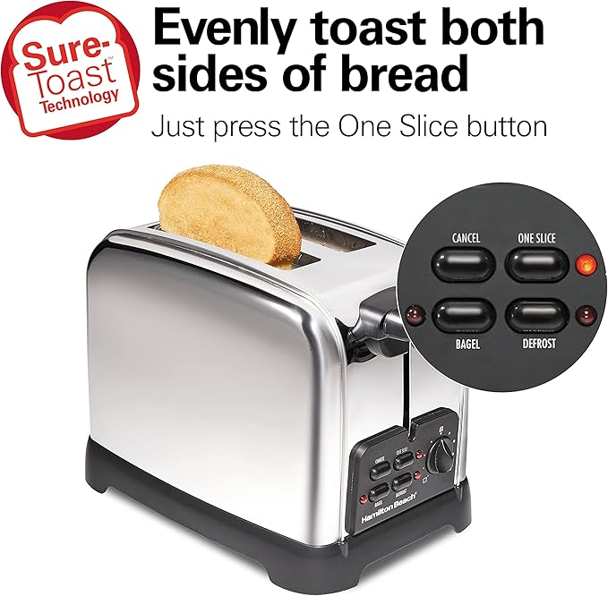 Hamilton Beach Retro Toaster with Wide Slots, Sure-Toast Technology, Bagel & Defrost Settings, Auto Boost to Lift Smaller Breads, 2 Slice, Polished Stainless Steel (22782)