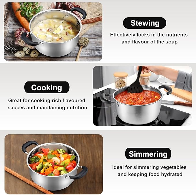 3 Quart Stock Pot with Lid, P&P CHEF Stainless Steel Cooking Pot Stockpot for Soup and Pasta, Heat-proof Handle & Glass Lid, Dishwasher Safe & Non Toxic