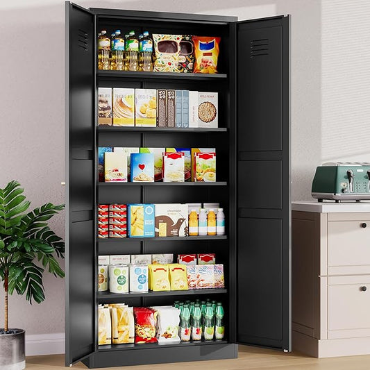 SISESOL Black Storage Cabinet,71" Tall Pantry Cabinet,Kitchen Pantry Storage Cabinets with 2 Doors and 6 Shelves,Wide Deep Metal Food Cupboard for Home,Kitchen,Dining/Living Room